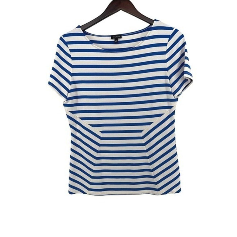 Talbots Womens Blue White Striped Short Sleeve Scoop Neck Nautical Top Size M
